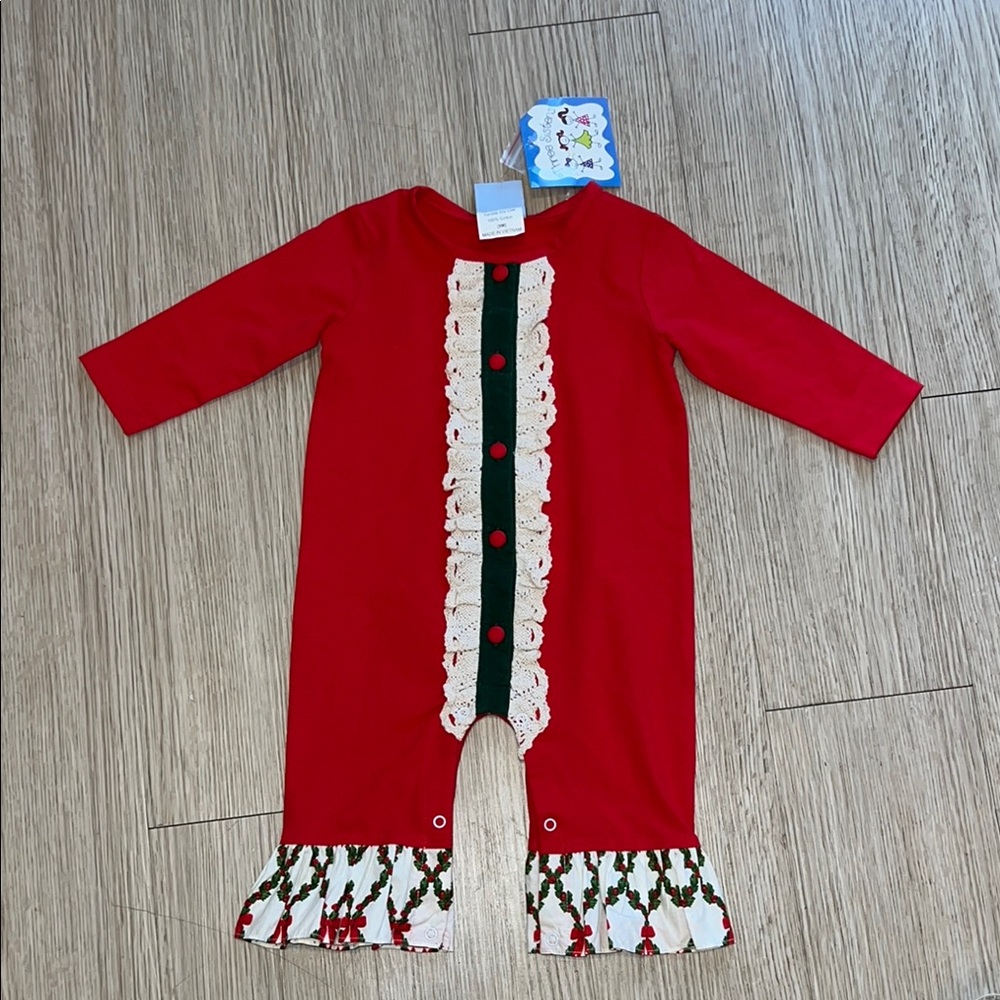 NWT Three Sisters Size 9 Month Red Kids One Piece with Lace Trim
